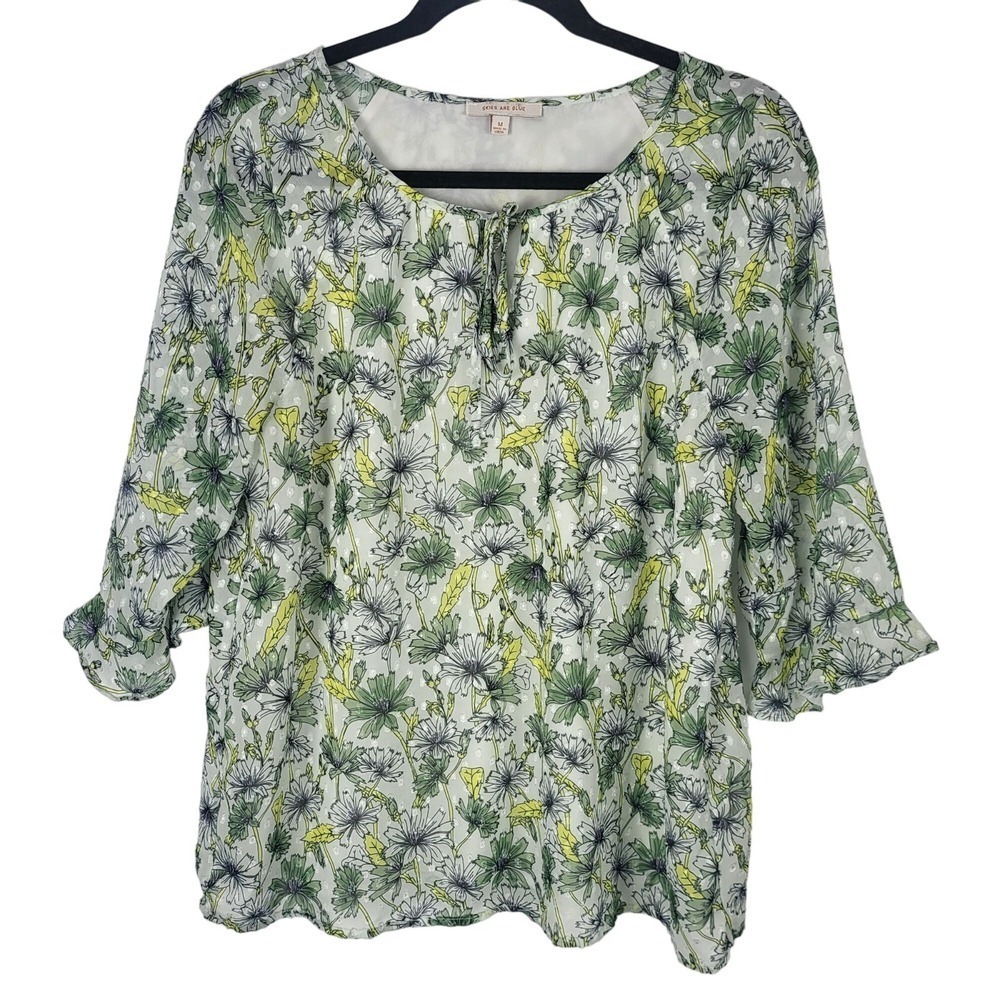 Skies Are Blue Blouse M Womens Half Sleeve Key Hole Green Floral Top Coquette